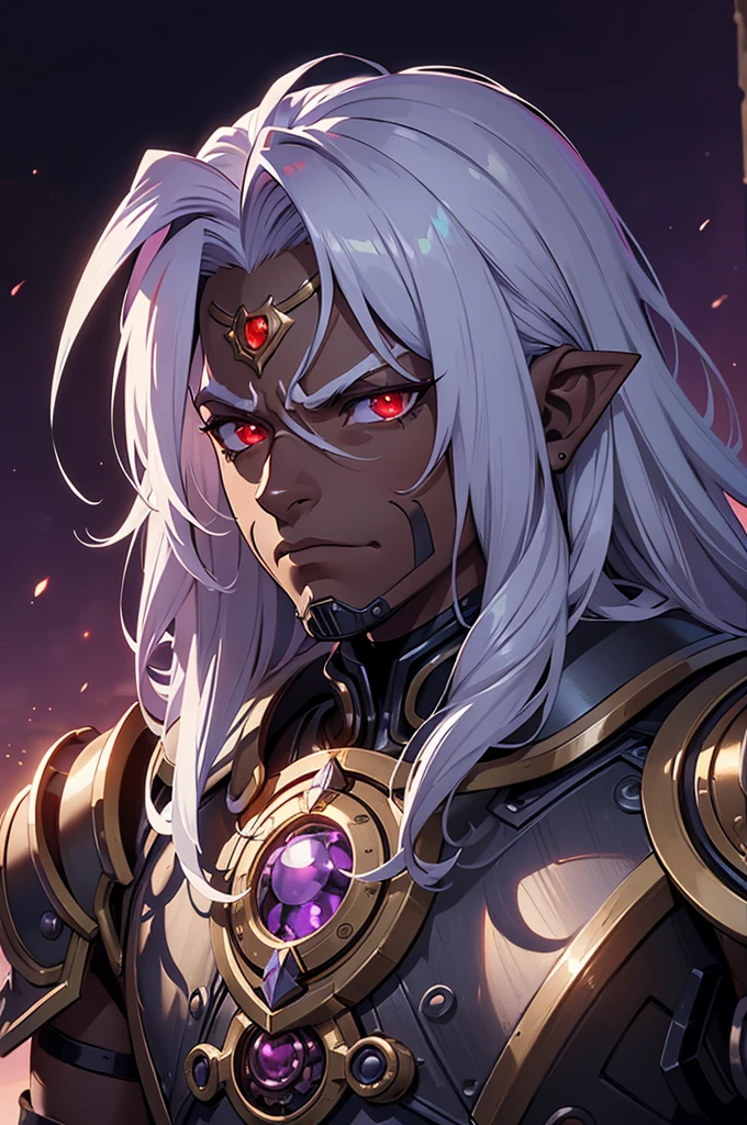((best quality)), ((masterpiece)), (detailed),8k, ((1boy)), ((mechanical armor)), (dungeonpunk),(steampunk), (serious), dark skinned, human, upper body, portrait, red eyes, perfect eyes, long white hair, Xemnas from Kingdom Hearts, half-drow, pointy ears, serious face, dramatic lighting, purple hue, art by Kinema Citrus