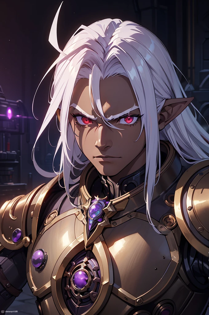 ((best quality)), ((masterpiece)), (detailed),8k, ((1boy)), ((mechanical armor)), (dungeonpunk),(steampunk), (serious), dark skinned, human, upper body, portrait, red eyes, perfect eyes, long white hair, Xemnas from Kingdom Hearts, half-drow, pointy ears, serious face, dramatic lighting, purple hue, art by Kinema Citrus