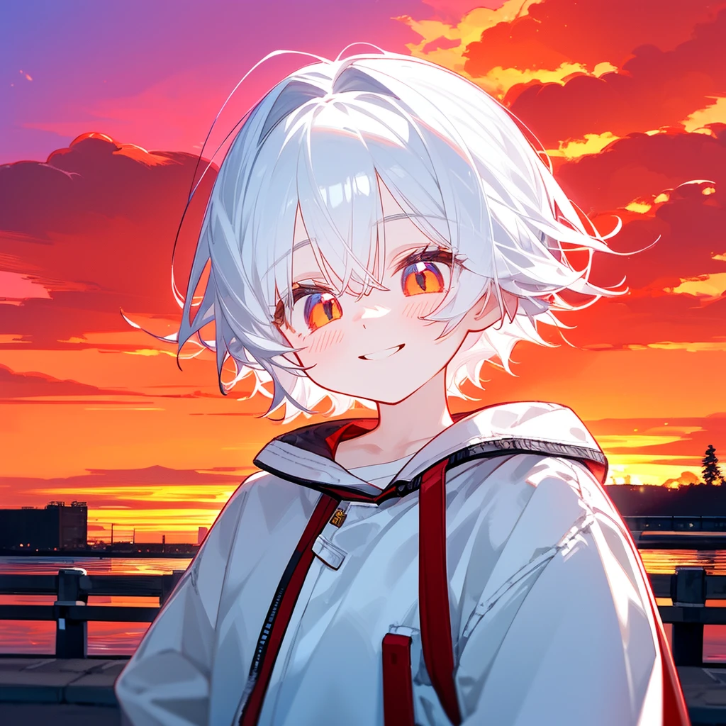 A solo cat boy, His hair is white and his eyes are red, wearing jacket, bust up!!! Cute boy, casual boy, sunset sky , smile, sad vibes