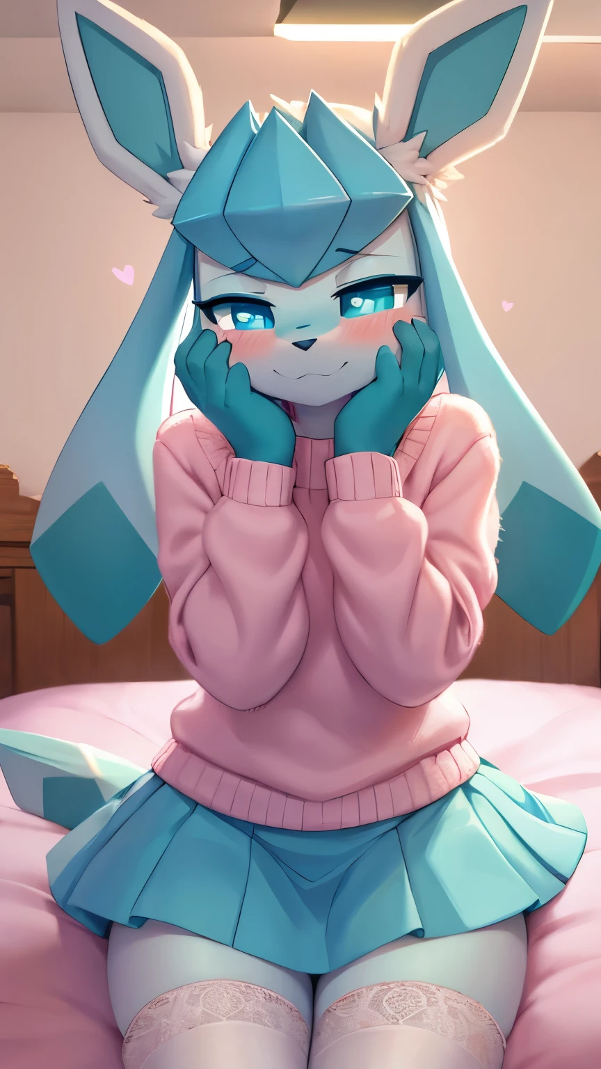 best quality,best resolution,(fluffy anthro furry :1.3),Glaceon,cyan eyes,glowing eyes,neon eyes,glistering eyes,medium breasts,pink sweater,(white skirt),white stockings,bedroom,hungry face,desire smile,eye close,looking at viewer,full face blush,heavy breath,very hot,heart eyes,shy expression eyes,shy pose,front view,Glaceon,teenager (18 years old),hands on face