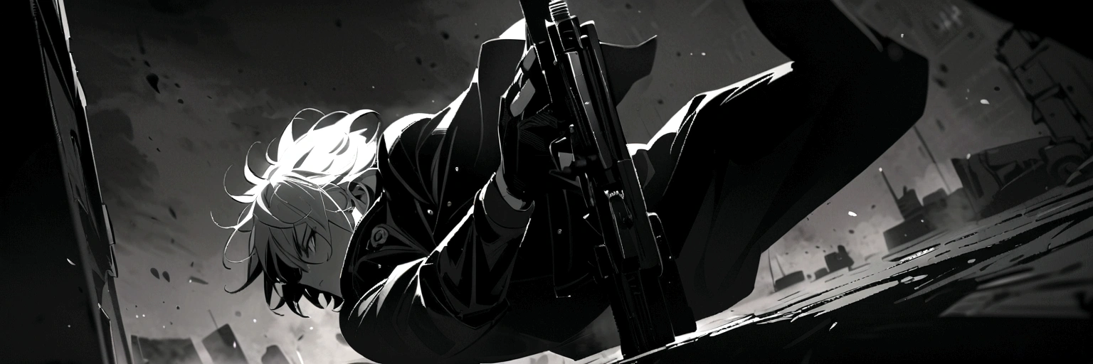yuto-sano, 1boy, full body, black suit, white hair, gun, monochrome, highly detailed, dramatic pose, sharp focus, intricate details, chiaroscuro, moody atmosphere, dark and gritty, powerful, intense, masterpiece