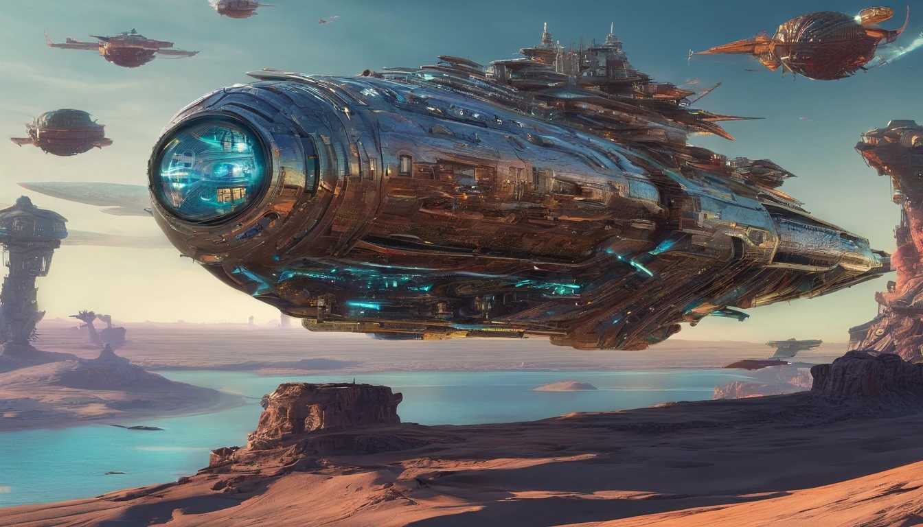 A visually stunning and captivating 3D render of a cosmicpunk starship, masterfully designed by the imaginative minds of Mary Shelley, Michael Westmore, and Edgar Allan Poe. This unique vessel is a perfect fusion of medieval and cosmicpunk elements, with iconic vehicles from various eras such as a 1980 ambulance, a 1950s hearse, and a 1980 steamroller. The ship's journey takes place near a Saturn-Earth-esque planet, beautifully captured in 750k UHD.
The ship's intricate motherboard forms the backbone of the vessel, culminating in an imposing, frightful, and creepy macabre merging of a metallic dragon and vulture's head as the front. Its powerful artillery is prominently displayed, portrait photography, cinematic, vibrant, anime, architecture, photo, dark fantasy, 3d render, fashion