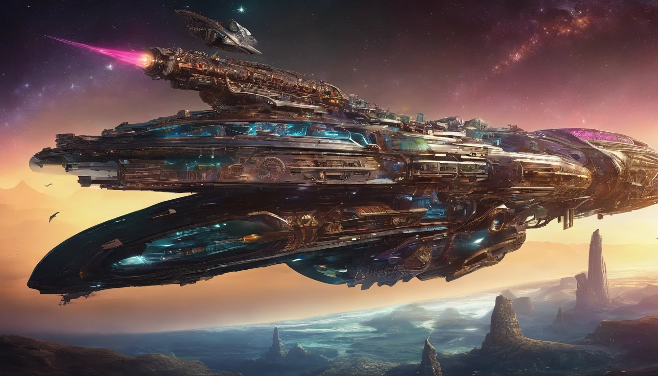 A visually stunning and captivating 3D render of a cosmicpunk starship, masterfully designed by the imaginative minds of Mary Shelley, Michael Westmore, and Edgar Allan Poe. This unique vessel is a perfect fusion of medieval and cosmicpunk elements, with iconic vehicles from various eras such as a 1980 ambulance, a 1950s hearse, and a 1980 steamroller. The ship's journey takes place near a Saturn-Earth-esque planet, beautifully captured in 750k UHD.
The ship's intricate motherboard forms the backbone of the vessel, culminating in an imposing, frightful, and creepy macabre merging of a metallic dragon and vulture's head as the front. Its powerful artillery is prominently displayed, portrait photography, cinematic, vibrant, anime, architecture, photo, dark fantasy, 3d render, fashion