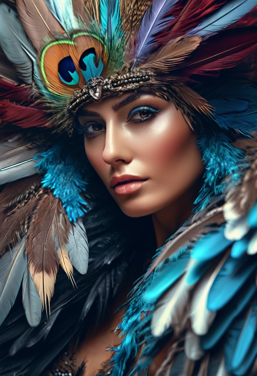 Close-up of a woman with a face covered in feathers, 4K highly detailed digital art, detailed matte fantasy portrait, detailed 4K digital art, 8K high quality detailed art, detailed fantasy digital art, beautiful digital artwork, colorfull digital fantasy art, digital fantasy art  ), hyper-detailed fantasy character, exquisitely detailed digital art, photorealistic 4k digital art