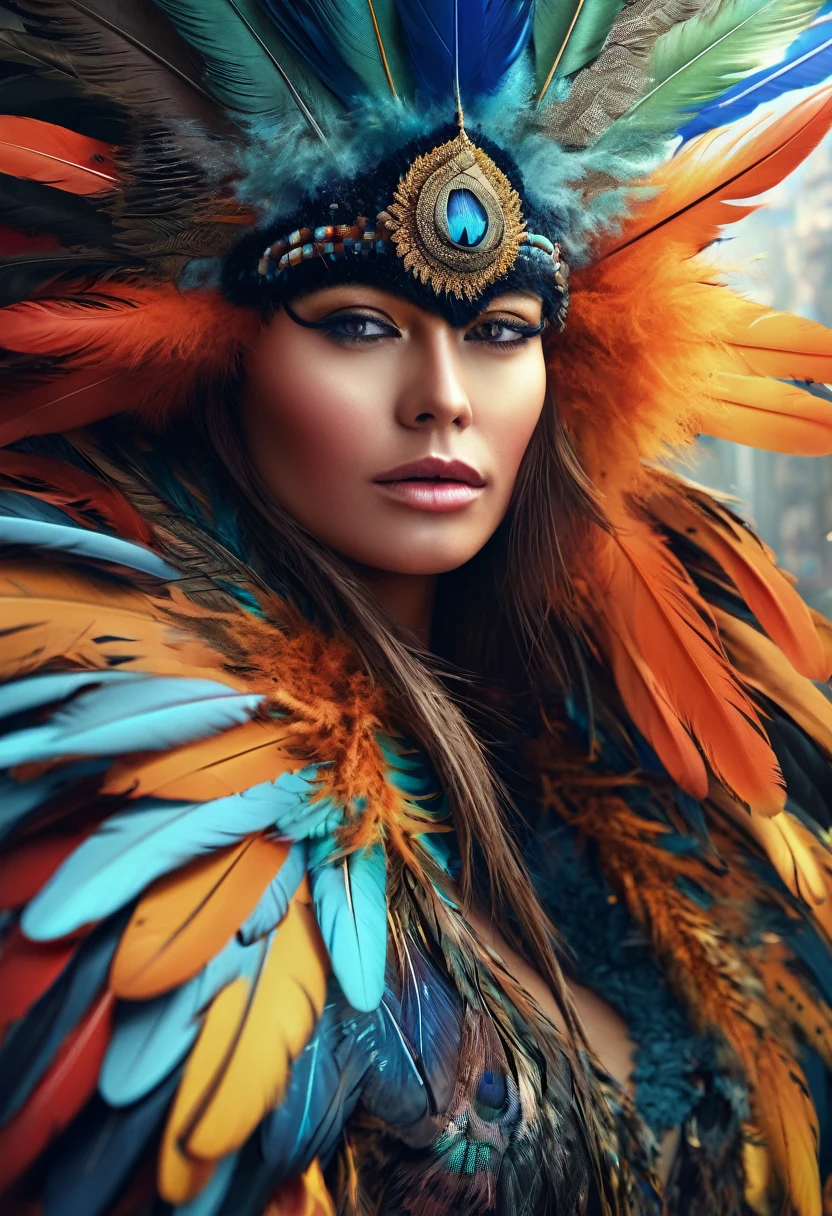Close-up of a woman with a face covered in feathers, 4K highly detailed digital art, detailed matte fantasy portrait, detailed 4K digital art, 8K high quality detailed art, detailed fantasy digital art, beautiful digital artwork, colorfull digital fantasy art, digital fantasy art ), hyper-detailed fantasy character, exquisitely detailed digital art, photorealistic 4k digital art