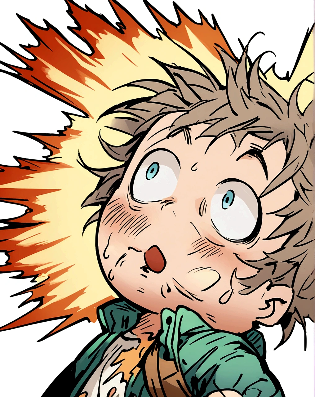 Generate a transparent background, anime-style illustration of a surprised boy with short, messy hair. He has wide, expressive eyes and a small mouth open in astonishment. The boy is wearing a casual outfit consisting of a loose jacket over a simple top and shorts. He also carries a backpack. The overall style should be clean and detailed, with attention to the character's expressive features and the flow of his hair and clothing."