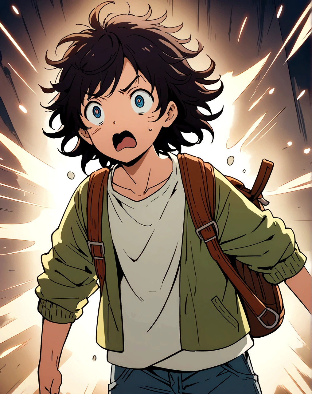 Generate a transparent background, anime-style illustration of a surprised boy with short, messy hair. He has wide, expressive eyes and a small mouth open in astonishment. The boy is wearing a casual outfit consisting of a loose jacket over a simple top and shorts. He also carries a backpack. The overall style should be clean and detailed, with attention to the character's expressive features and the flow of his hair and clothing."
