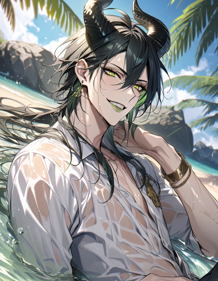 ((masterpiece:1.4, best quality)), (Ultra detailed background), 1boy, handsome man, highly detailed beautiful face and eyes, white hair, beautiful eyes, (sharp detail:1.3), shiny, earrings, bracelet, (wet clothes:1.3), Shirts, Bari, Cebu Island, plumeria, near the beach, stretch,lie on one's back, dynamic angle, malleus draconia (twisted wonderland) horns, bishounen, boy, male, yana Toboso style, long hair, black hair, yellow green eyes, smile, gray lips, handsome, skinny, tall, yellow green glow,