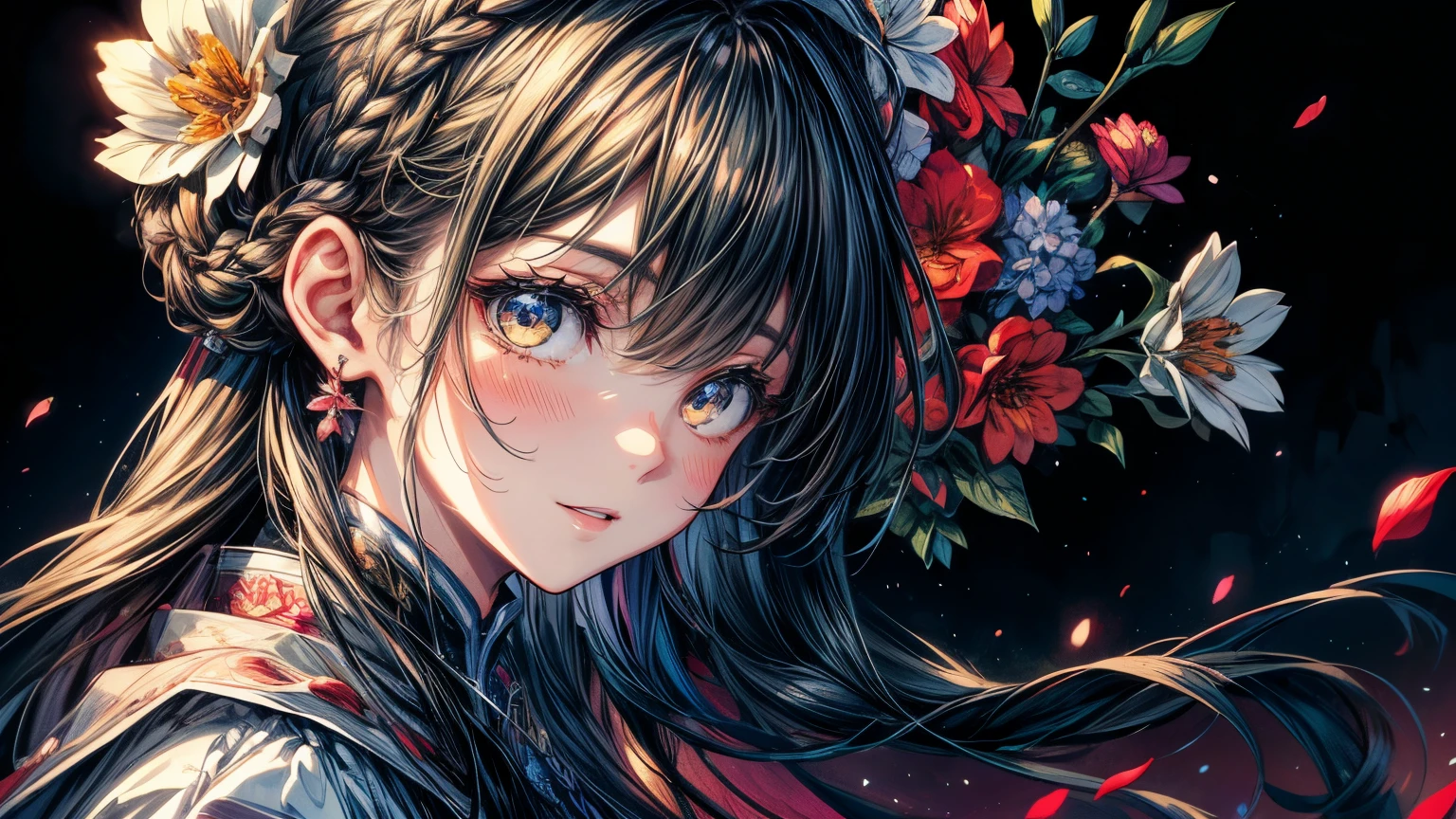 Background full of many flowers.、Close up portrait of smiling woman looking back。There are also many flowers in the braided hair..。Beautiful illustrations full of happiness.、floral background、Extremely high quality、High level image quality、Extremely delicate drawing.。Rarely seen labor

