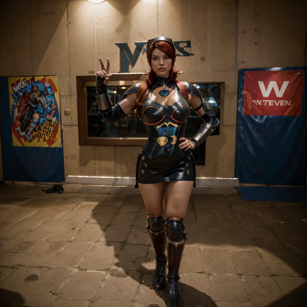 retrofuturist, bodysuit, superhero,((miss fortune,shermie,jubilee)),1girl, armored slutty superhero, (((armored dress))), full body,4k,photo, photographic style, photography