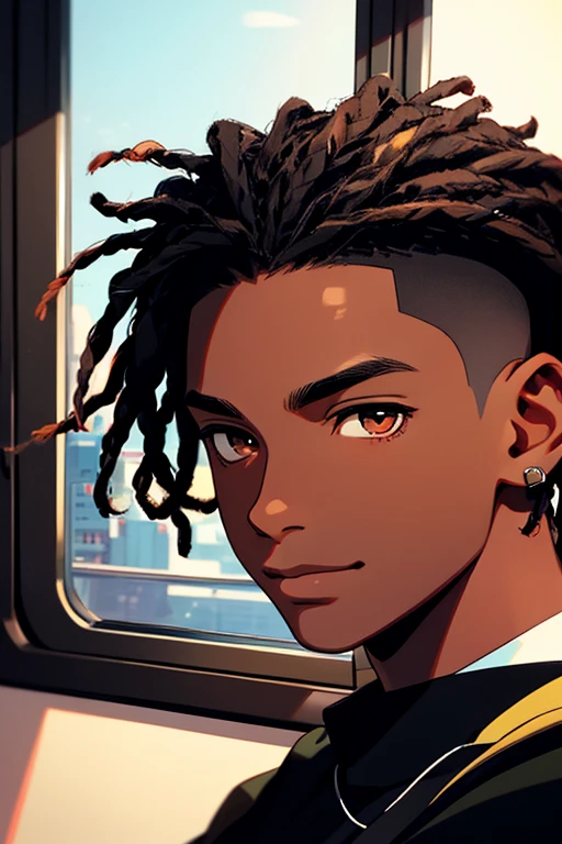 highres,ultra-detailed,realistic,portrait, captivating young black male, 20s, dark skin, almond-shaped eyes, with a sad smile, dreadlocks, high top fade, staring outside the window on a plane anime style