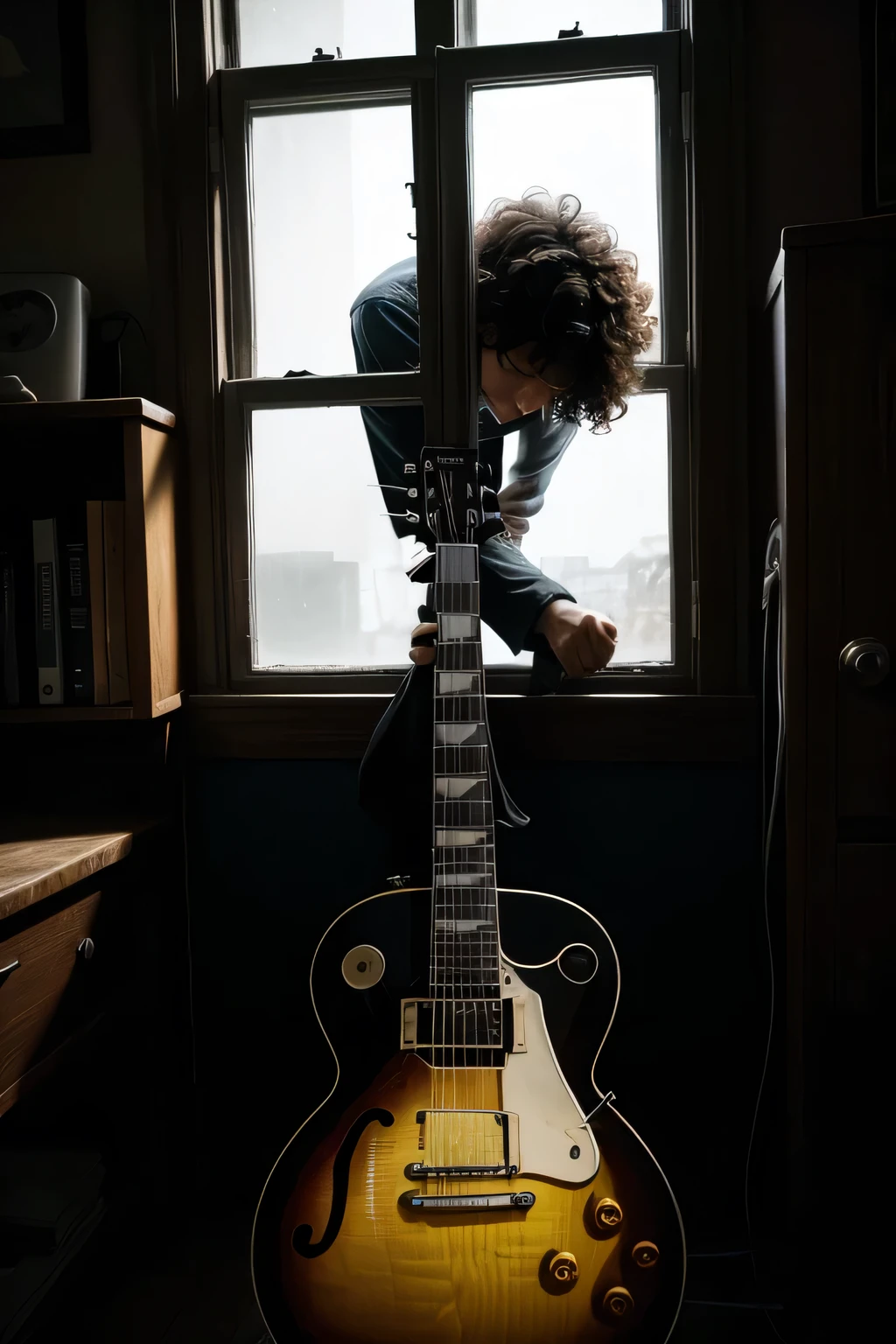 shadow of a man with curly hair playing old lespaul guitar looking at window showing only his silhouette dark environment