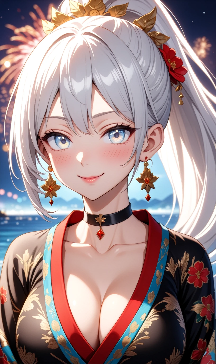((One personの女性)), Beautiful Face, ((Wink:1.8)), (smirk), sit,Laugh with your mouth wide open,((Bright red cheeks:1.4)),Shiny red lips,night,横浜のnight景,You can see the ocean, firework,,Glossy pink lips,Facial lighting,((Anime style background)),masterpiece, Highest quality, so beautiful,up to date, Complex details, (Pink long nails), (ring),(bracelet),(choker),AI-generated, Complex,High resolution, Highest quality, super high quality,3D Images、3D Images,One person,Long white hair,High Ponytail,(blue eyes),Anime woman posing for a photo, ((Fine grain、Silvery white colorful eyes、Shining Eyes:1.3)),(Squint your eyes:1.1),a hyperRealistic , hyperRealistic , Realistic,Anime woman with long white hair, Smooth anime CG art, A woman in a colorful kimono with gold embroidery, (Black long sleeve kimono),Red floral pattern,Long flower hair ornament,Earrings,Mature Body,(Big Breasts:1.1),Tall,Abdominal muscles,Narrow waist,(Zoom up to face:1.6),(front view),
