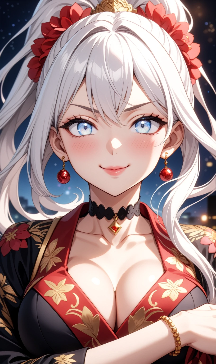 ((One personの女性)), Beautiful Face, ((Wink:1.8)), (smirk), sit,Laugh with your mouth wide open,((Bright red cheeks:1.4)),Shiny red lips,night,横浜のnight景,You can see the ocean, firework,,Glossy pink lips,Facial lighting,((Anime style background)),masterpiece, Highest quality, so beautiful,up to date, Complex details, (Pink long nails), (ring),(bracelet),(choker),AI-generated, Complex,High resolution, Highest quality, super high quality,3D Images、3D Images,One person,Long white hair,High Ponytail,(blue eyes),Anime woman posing for a photo, ((Fine grain、Silvery white colorful eyes、Shining Eyes:1.3)),(Squint your eyes:1.1),a hyperRealistic , hyperRealistic , Realistic,Anime woman with long white hair, Smooth anime CG art, A woman in a colorful kimono with gold embroidery, (Black long sleeve kimono),Red floral pattern,Long flower hair ornament,Earrings,Mature Body,(Big Breasts:1.1),Tall,Abdominal muscles,Narrow waist,(Zoom up to face:1.6),(front view),