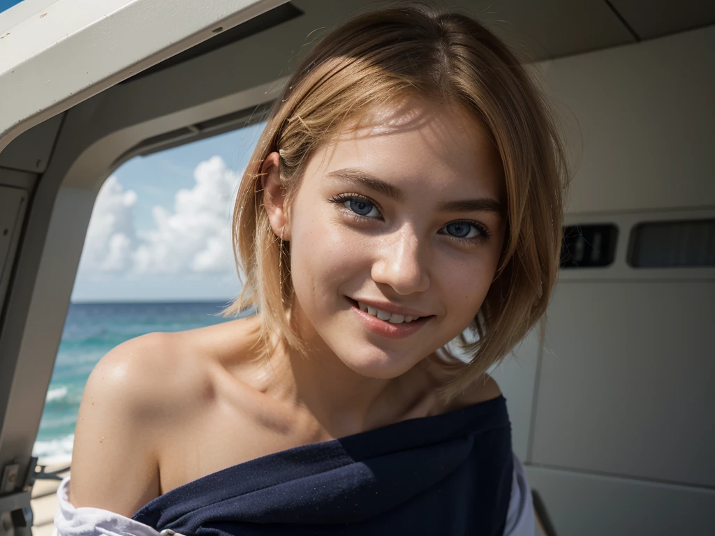 {{masterpiece, best quality, extremely detailed CG, unity 8k wallpaper, cinematic lighting, }}, Sony α7, wide frame, South Pacific, during war with Asian powers, wind blowing on Aegis ship, 1 Girl, Full Body, smile, she is a US Navy sailor, Caucasian, 20 Years Old, Smile, Blonde Hair, Short Bob, blue eyes , long eyelashes ,