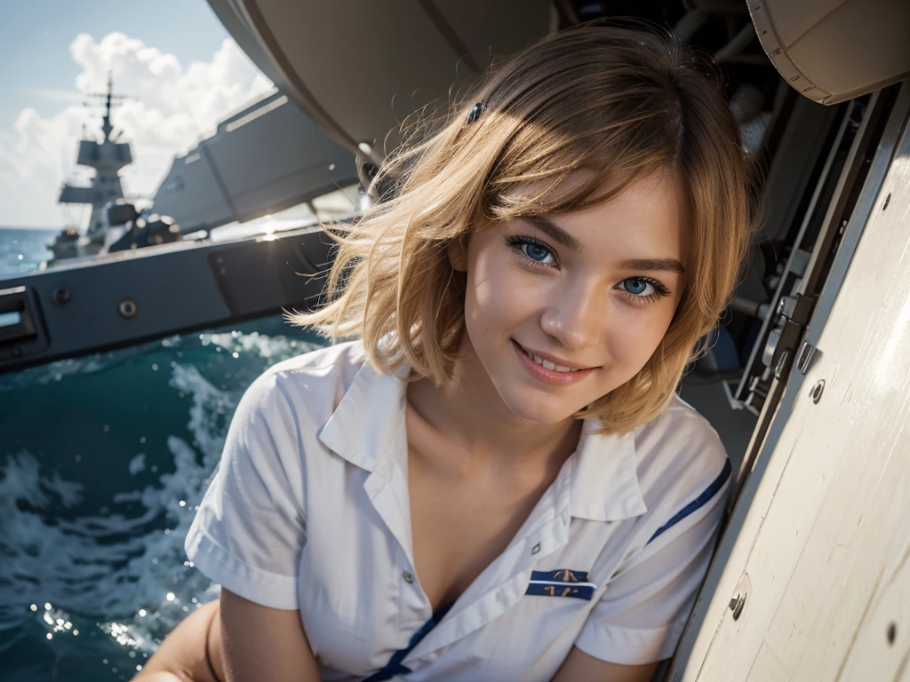 {{masterpiece, best quality, extremely detailed CG, unity 8k wallpaper, cinematic lighting, }}, Sony α7, wide frame, South Pacific, during war with Asian powers, wind blowing on Aegis ship, 1 Girl, Full Body, smile, she is a US Navy sailor, Caucasian, 20 Years Old, Smile, Blonde Hair, Short Bob, blue eyes , long eyelashes ,
