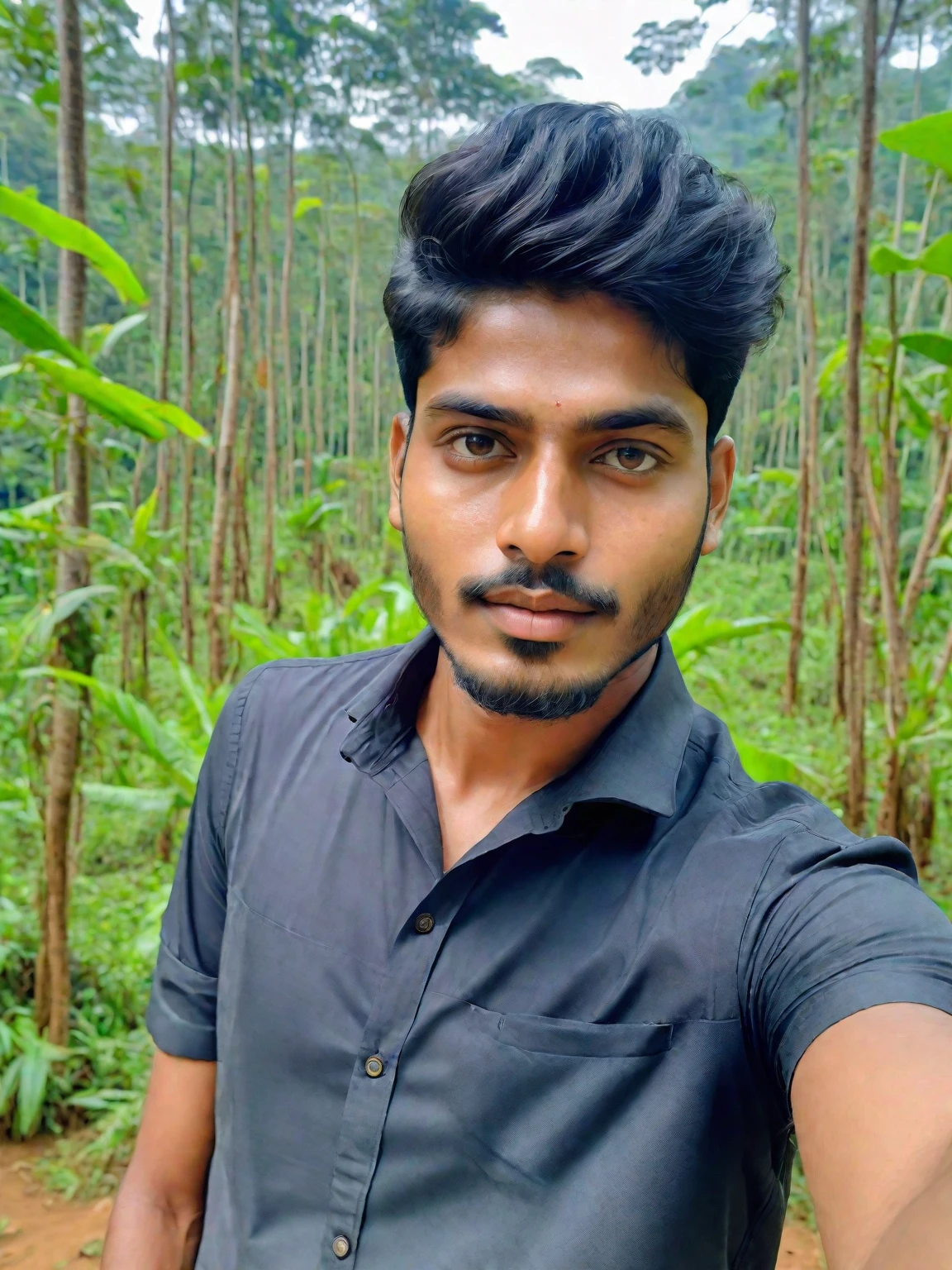 there is a man that is taking a selfie with his cell phone, with accurate face, 8k selfie photograph, without helmet, jayison devadas, without beard, ayan nag, in front of a forest background, around 1 9 , good looking face, candid picture, front profile!!!!, jayison devadas style, selfie photo, assamese aesthetic