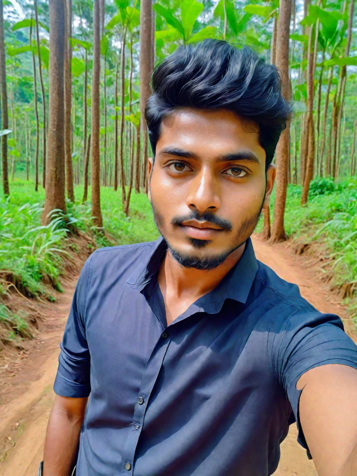 there is a man that is taking a selfie with his cell phone, with accurate face, 8k selfie photograph, without helmet, jayison devadas, without beard, ayan nag, in front of a forest background, around 1 , good looking face, candid picture, front profile!!!!, jayison devadas style, selfie photo, assamese aesthetic