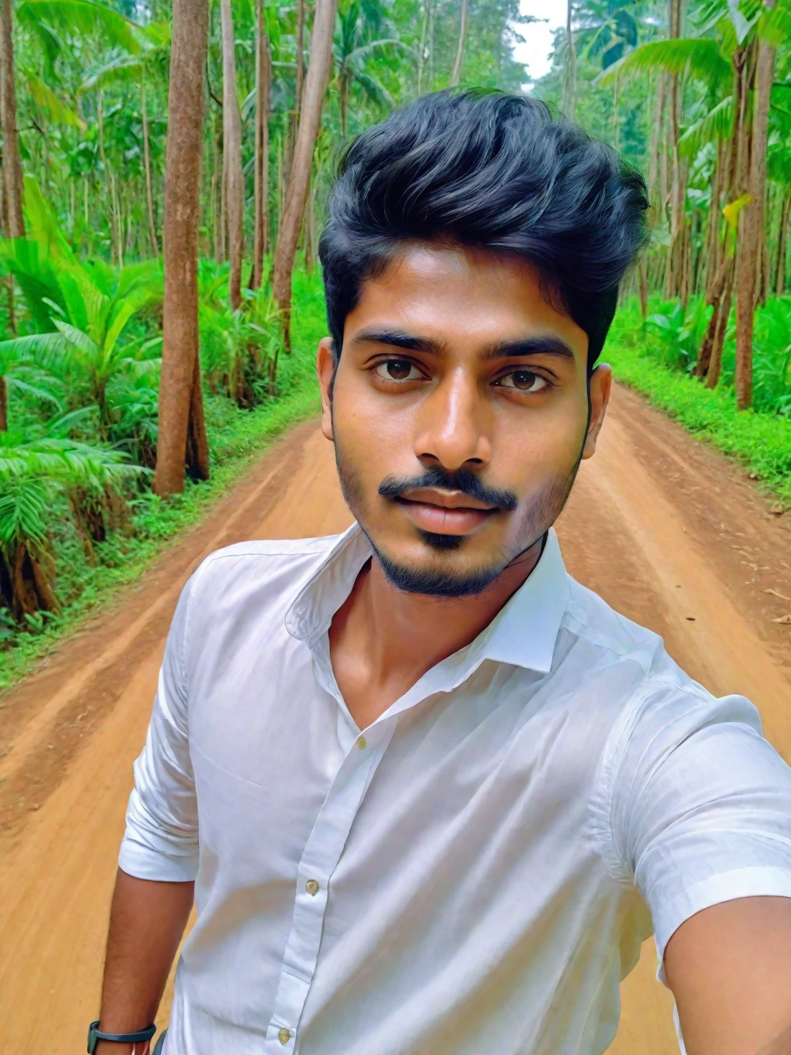 there is a man that is taking a selfie with his cell phone, with accurate face, 8k selfie photograph, without helmet, jayison devadas, without beard, ayan nag, in front of a forest background, around 1 9 years old, good looking face, candid picture, front profile!!!!, jayison devadas style, selfie photo, assamese aesthetic