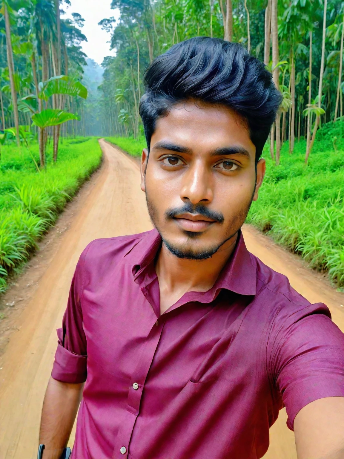 there is a man that is taking a selfie with his cell phone, with accurate face, 8k selfie photograph, without helmet, jayison devadas, without beard, ayan nag, in front of a forest background, around 1 9 years old, good looking face, candid picture, front profile!!!!, jayison devadas style, selfie photo, assamese aesthetic
