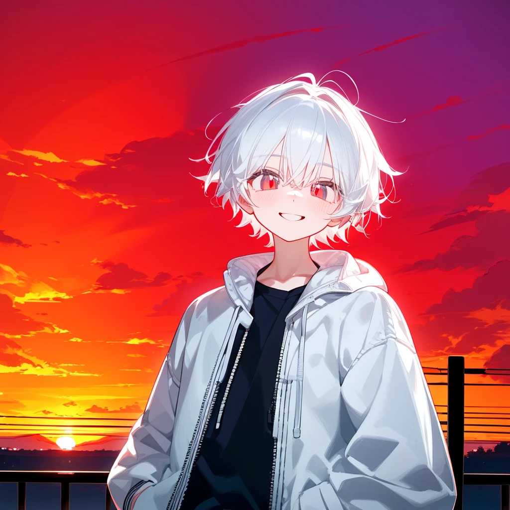 A solo cat boy, His hair is white and his eyes are red, wearing jacket, bust up!!! Cute boy, casual boy, sunset sky , smile, sad vibes
