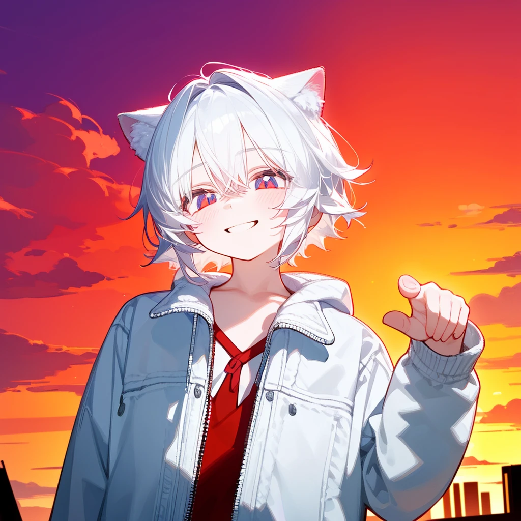 A solo cat boy, His hair is white and his eyes are red, wearing jacket, bust up!!! Cute boy, casual boy, sunset sky , smile, sad vibes