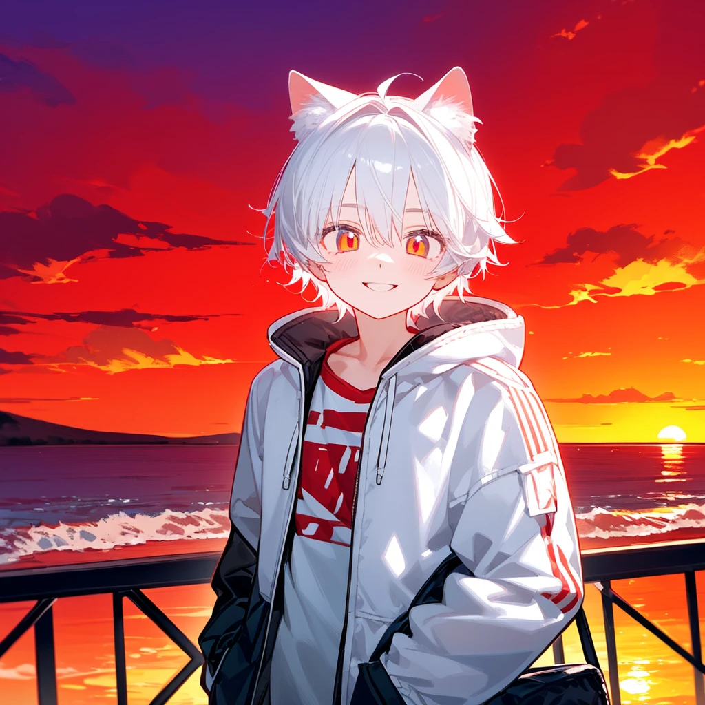 A solo cat boy, His hair is white and his eyes are red, wearing jacket, bust up!!! Cute boy, casual boy, sunset sky , smile, sad vibes