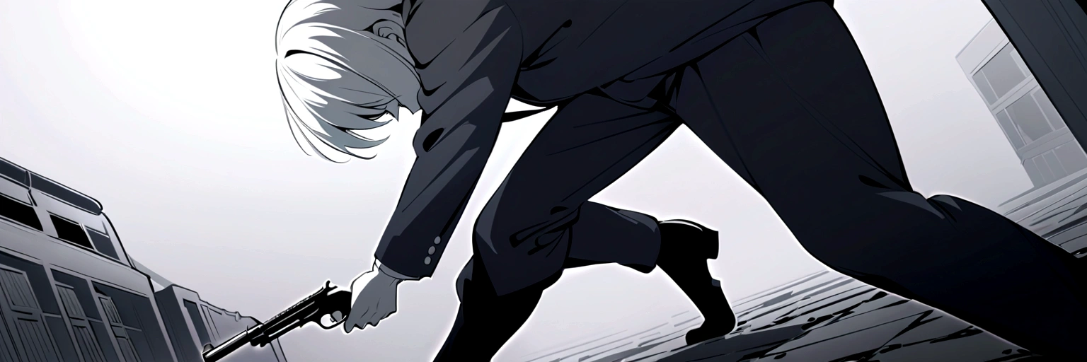 yuto-sano, 1boy, full body, black suit, white hair, gun, monochrome, highly detailed, dramatic pose, sharp focus, intricate details, chiaroscuro, moody atmosphere, dark and gritty, powerful, intense, masterpiece