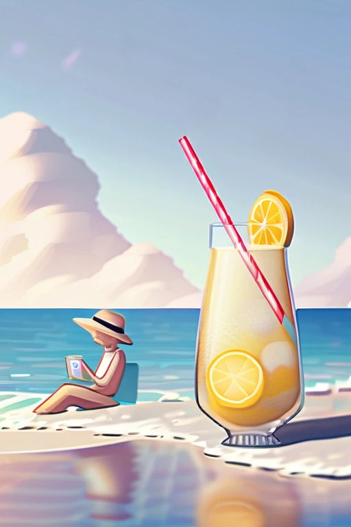 ((Лучшее качество)), ((шедевр)), (подробный), a woman is relaxing on the beach with lemonade