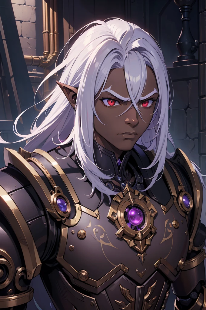 ((best quality)), ((masterpiece)), (detailed),8k, ((1boy)), ((mechanical armor)), (dungeonpunk),(steampunk), (serious), dark skinned, human, upper body, portrait, red eyes, perfect eyes, long white hair, Xemnas from Kingdom Hearts, half-drow, pointy ears, serious face, dramatic lighting, purple hue, art by Kinema Citrus