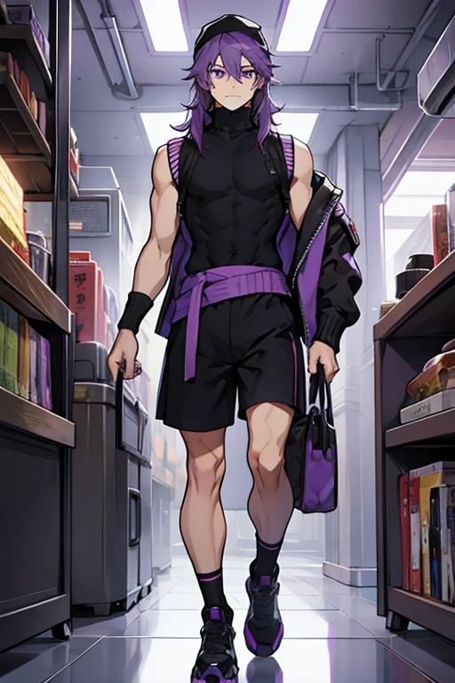 Young man purple hair black cap purple eyes turtleneck sleeveless black sweater waistband black shorts with long stockings and hair clips