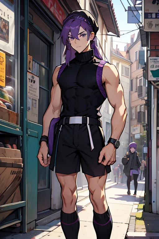 Young man purple hair black cap purple eyes turtleneck sleeveless black sweater waistband black shorts with long stockings and hair clips