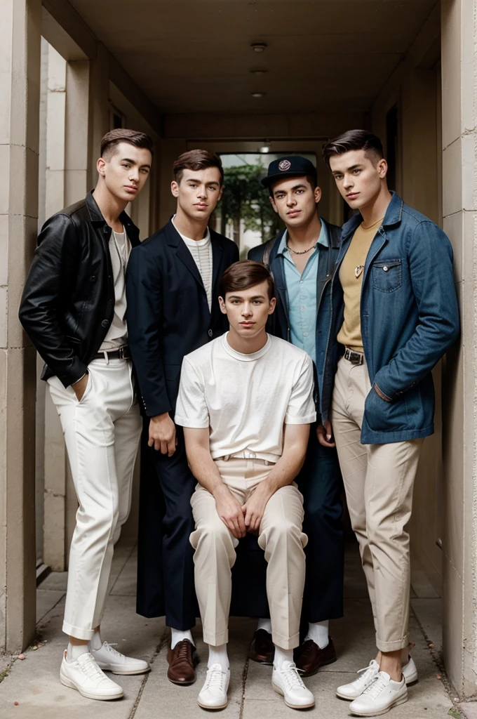 group of young men posing for a picture, retro 60s guys fashion, 1960s style