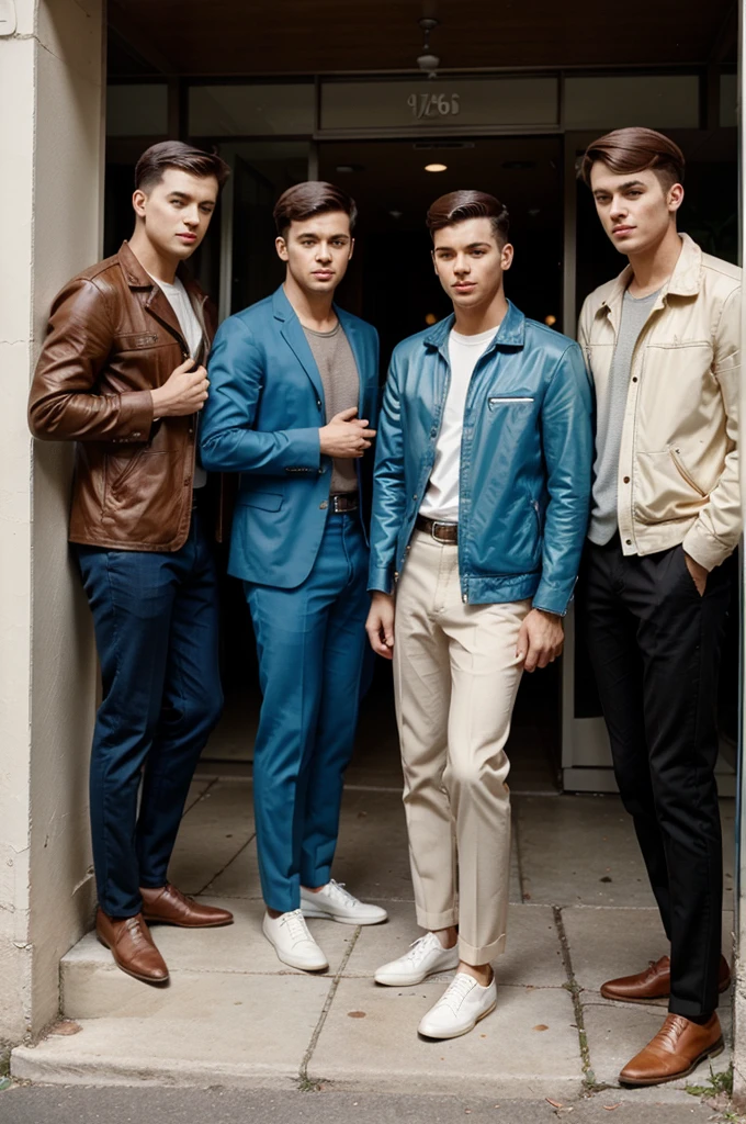 group of young men posing for a picture, retro 60s guys fashion, 1960s style