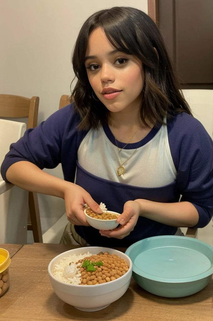 jenna_ortega she eating beans and rice