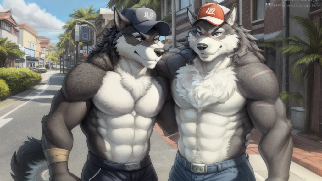 rouen, grey eyes, muscular male, (posing:1.3), (soft shading), 4k, anything, Five fingers, detailed hands, ((detailed face, (detailed eyes:1.0), detailed)), por zackary911, by zaush, (by personals:0.5), shirtless, baseball cap, Bermuda, street, sunny day,