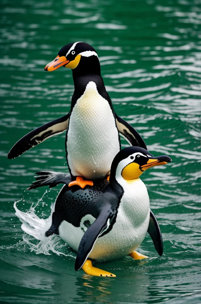 Generate an image of a penguin riding a duck with a fish in its hands