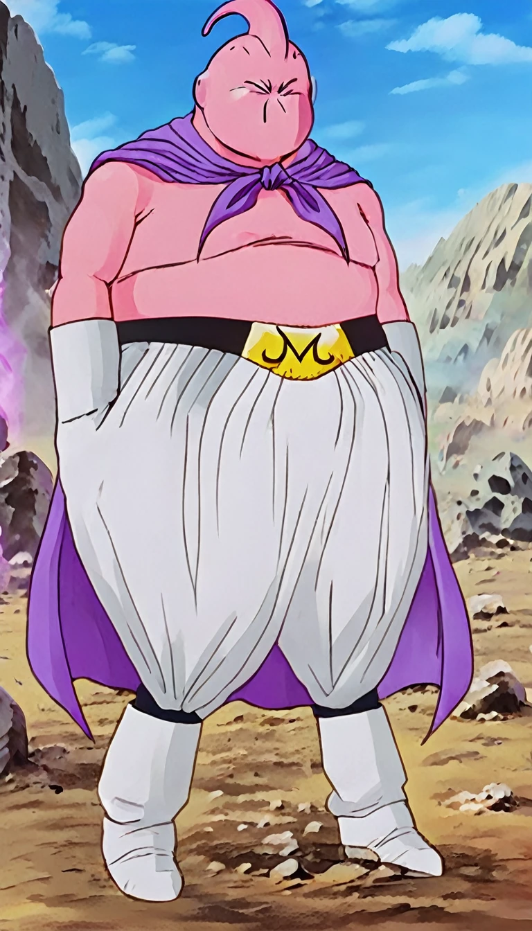 solo, majin buu,short, (musclar:2),(angry:2),fighting,in wasteland,destroyed rock,(soft shading), 4k, hi res, ((detailed face, (detailed eyes:1.0), detailed)), (full body), looking at viewer, 1boy, upper body, male focus,white_pants,(topless:1.5),( shirtless:2),torn clothes,bare pectorals, fighting stance,