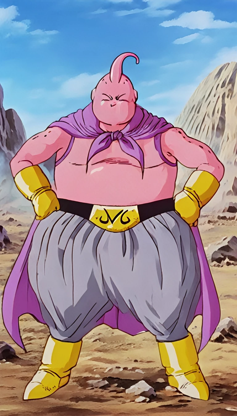 solo, majin buu,short, (musclar:2),(angry:2),fighting,in wasteland,destroyed rock,(soft shading), 4k, hi res, ((detailed face, (detailed eyes:1.0), detailed)), (full body), looking at viewer, 1boy, upper body, male focus,white_pants,(topless:1.5),( shirtless:2),torn clothes,bare pectorals, fighting stance,