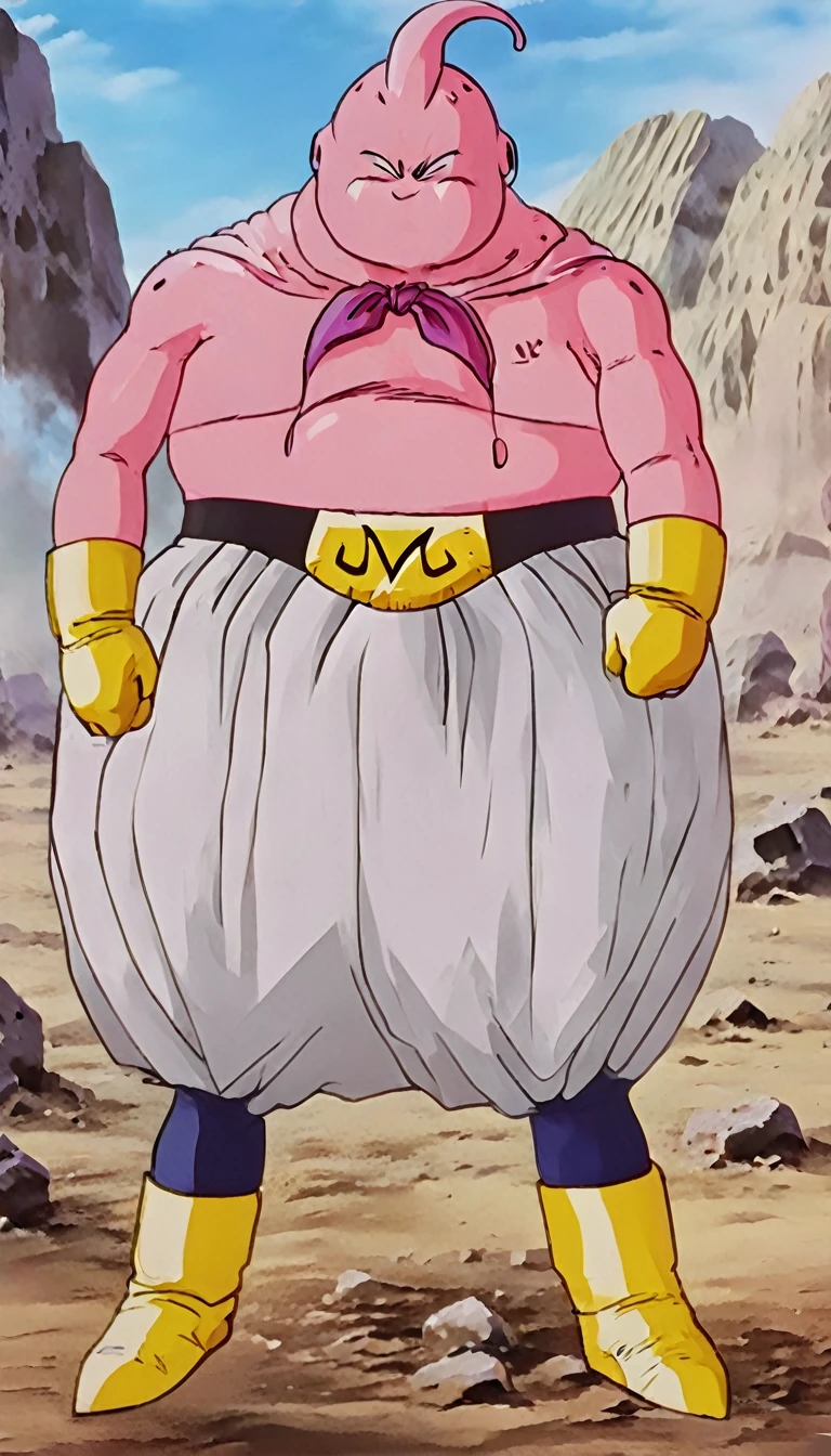 solo, majin buu,short, (musclar:2),(angry:2),fighting,in wasteland,destroyed rock,(soft shading), 4k, hi res, ((detailed face, (detailed eyes:1.0), detailed)), (full body), looking at viewer, 1boy, upper body, male focus,white_pants,(topless:1.5),( shirtless:2),torn clothes,bare pectorals, fighting stance,
