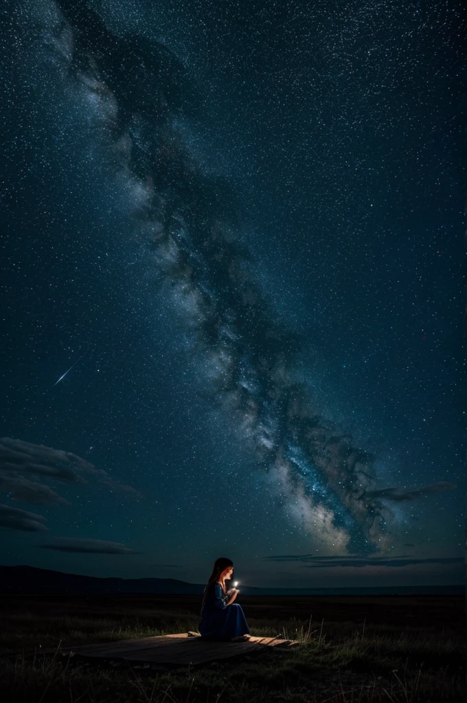 A young girl sits alone in the middle of a serene natural landscape at night. The sky above her is a canvas filled with countless twinkling stars, creating a breathtaking celestial display. The scene is illuminated softly by the starlight, casting a gentle glow on the girl and her surroundings. Despite the beauty around her, she appears sad, her gaze fixed on the heavens. In the sky, a comet streaks across, its tail leaving a luminous trail among the millions of stars, adding to the enchanting yet melancholic atmosphere of this peaceful night.