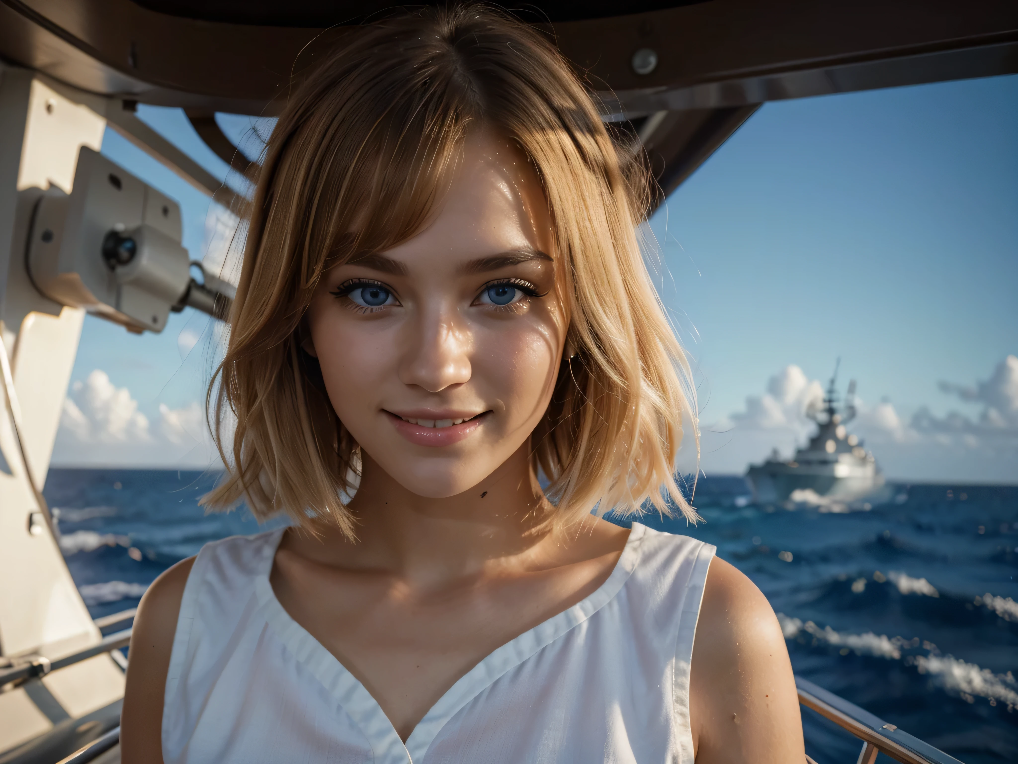 {{masterpiece, best quality, extremely detailed CG, unity 8k wallpaper, cinematic lighting, }}, Sony α7, wide frame, South Pacific, during war with Asian powers, wind blowing on Aegis ship, 1 Girl, Full Body, smile, she is a US Navy sailor, Caucasian, 20 Years Old, Smile, Blonde Hair, Short Bob, blue eyes , long eyelashes ,