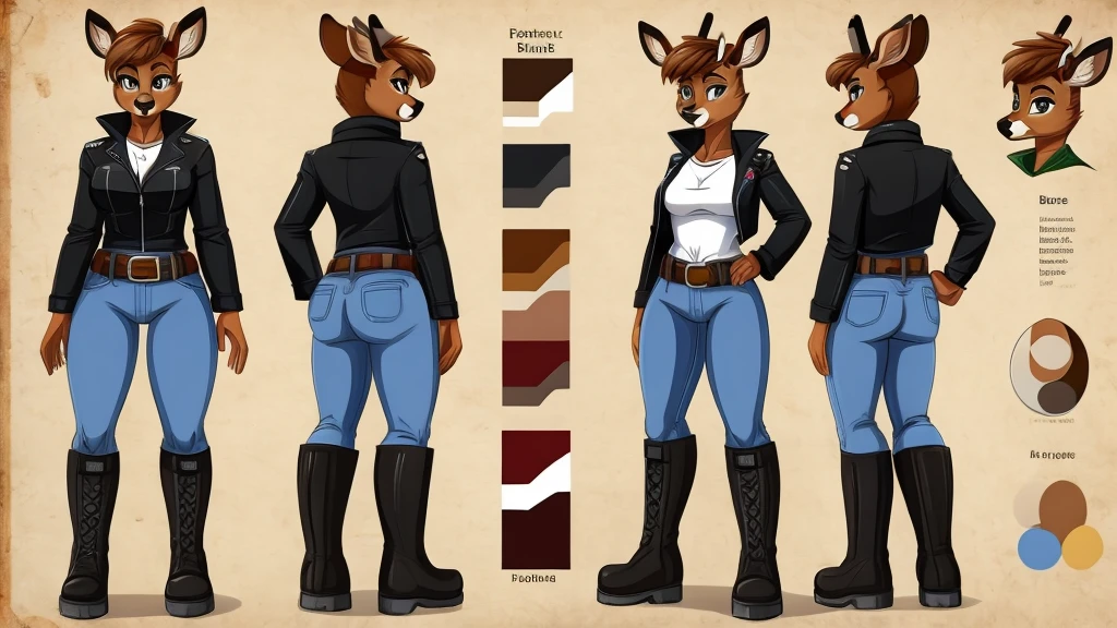 Female deer wearing a black jacket, a white shirt, jeans, boots, and a belt around her waist.
cartoon style, character reference sheet