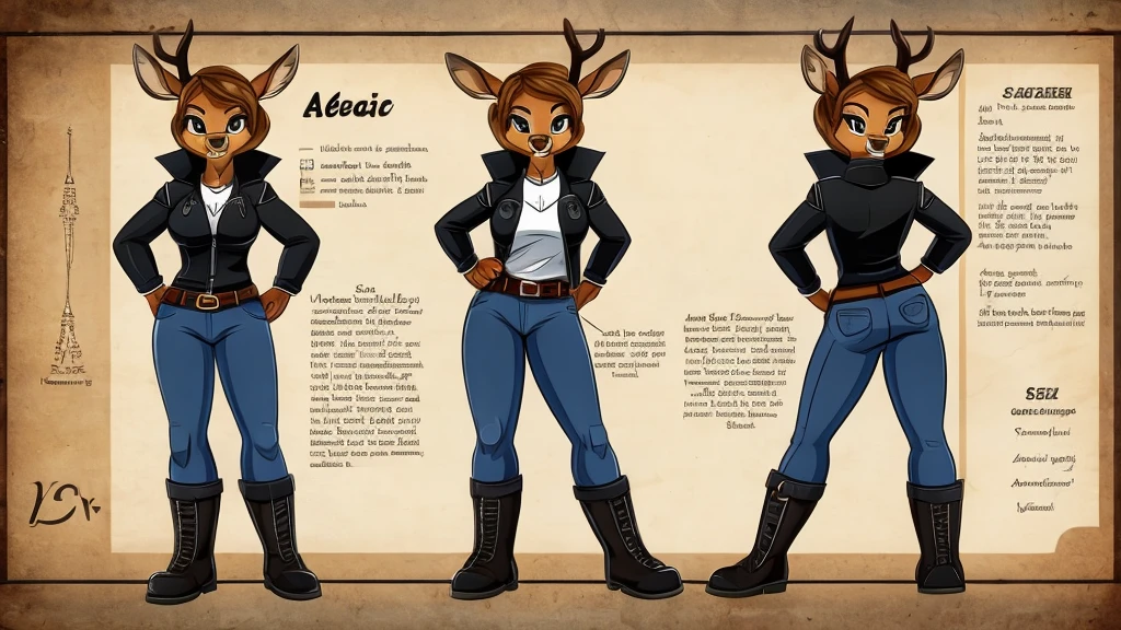 Female deer wearing a black jacket, a white shirt, jeans, boots, and a belt around her waist.

cartoon style, character reference sheet