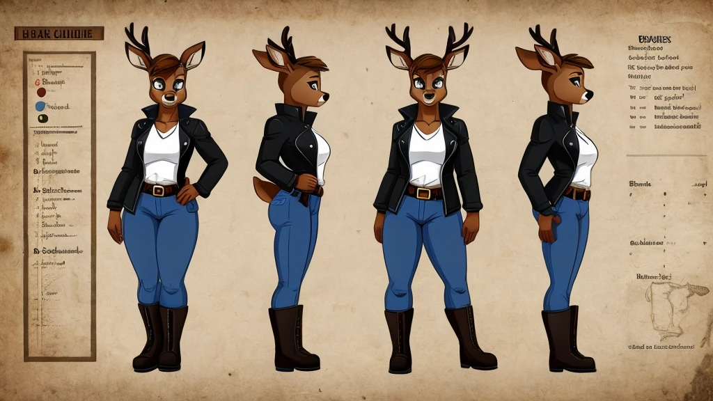 Female deer wearing a black jacket, a white shirt, jeans, boots, and a belt around her waist.
cartoon style, character reference sheet
