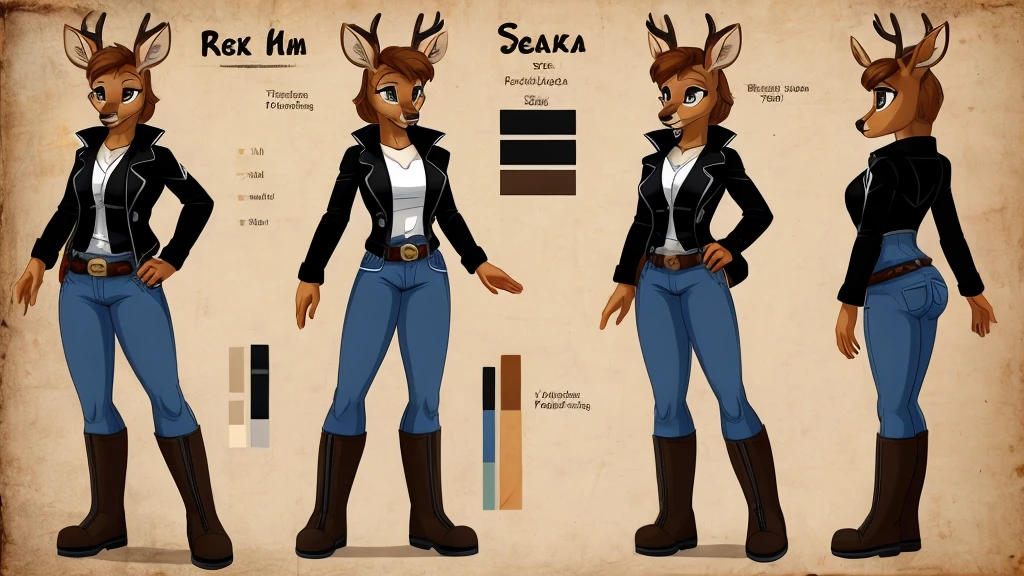 Female deer wearing a black jacket, a white shirt, jeans, boots, and a belt around her waist.
cartoon style, character reference sheet