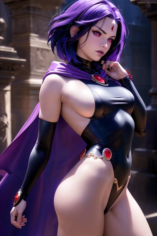 masterpiece, best quality, , raven, raven from  titans, 1girl, superhero, black leotard,
masterpiece, best quality, highest quality, cinematic lighting, (volumetric lighting), extremely detailed CG unity 8k wallpaper, focused, 8k wallpaper, 4k wallpaper, extremely detailed, ultra realistic, photorealistic, sharp focus, absurdres, (HDR:1.2), (high contrast), photograph, detailed and intricate, Instagram, vibrant, 4K HQ, sharp focus, (Ultra realistic [[photo]], detailed face:1.0), (detailed eyes:1.0), (realistic photo:1.1), (masterpiece:1.0), detailed background, (full body),  texture, textured hair, 
purple hair, short hair, large breasts, purple cape, red eyes, (nude), round ass,