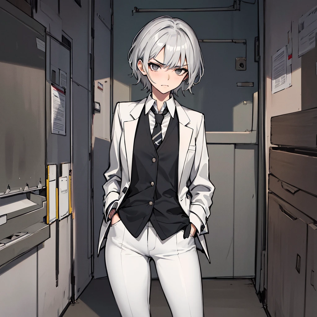(absurdres, 8k, 4k, masterpiece, hyper extreme detailed:1.2), solo, 1girl, front view, perfect face, 1girl, portrait, looking at viewer, solo, standing, Female, Mature Female, short hair, white hair, white tight pants, black shirt, button shirt, white vest, gray tie, tired, fatigue, annoyed, dissatisfied, arms in pockets, bored, science, smart, genius, intelligent, scientist, swept bangs, bored, frown, gray eyes, silver eyes, looking down, lab background, room background, best anatomy, standing, half body,