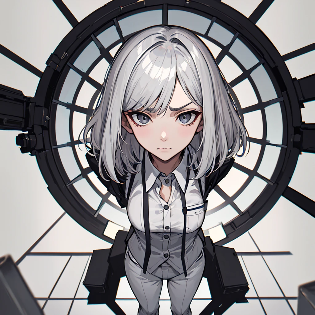 (absurdres, 8k, 4k, masterpiece, hyper extreme detailed:1.2), solo, 1girl, front view, perfect face, 1girl, portrait, looking at viewer, solo, standing, Female, Mature Female, short hair, white hair, white tight pants, black shirt, button shirt, white vest, gray tie, tired, fatigue, annoyed, dissatisfied, arms in pockets, bored, science, smart, genius, intelligent, scientist, swept bangs, bored, frown, gray eyes, silver eyes, looking down, lab background, room background, best anatomy, standing, half body,