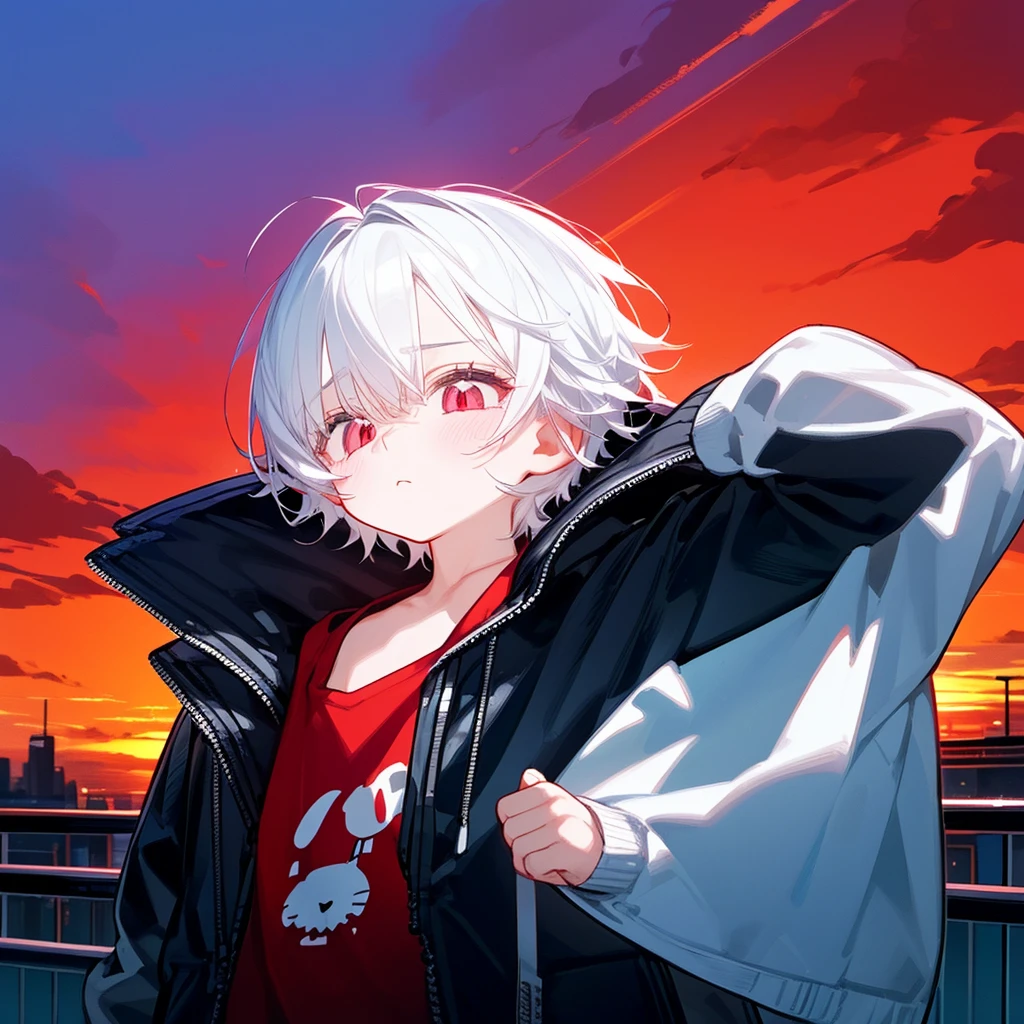 A solo cat boy, His hair is white and his eyes are red, wearing jacket, bust up!!! Cute boy, casual boy, sunset sky , , sad vibes